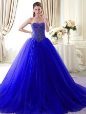 Spectacular With Train Ball Gowns Sleeveless Royal Blue Quinceanera Dress Brush Train Lace Up