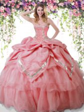 New Arrival Watermelon Red Organza and Taffeta Lace Up Sweetheart Sleeveless Floor Length 15th Birthday Dress Beading and Pick Ups