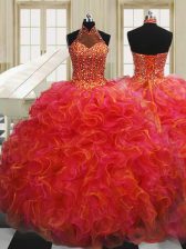  Halter Top Multi-color Sleeveless Beading and Ruffles Floor Length 15th Birthday Dress