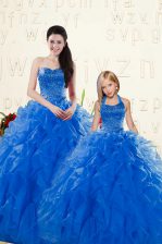  Ball Gowns Quinceanera Gowns Royal Blue Sweetheart Organza Sleeveless Floor Length Lace Up