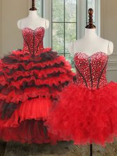  Three Piece Black and Red Sweetheart Neckline Beading and Ruffled Layers 15 Quinceanera Dress Sleeveless Lace Up