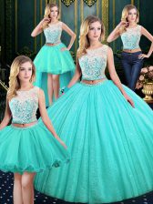  Four Piece Scoop Blue Lace Up Sweet 16 Quinceanera Dress Lace and Sequins Sleeveless Floor Length