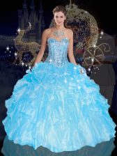 Popular Beading and Ruffles Quinceanera Gowns Blue Lace Up Sleeveless Floor Length