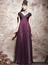 Hot Sale Cap Sleeves Chiffon Floor Length Side Zipper Prom Dress in Purple with Beading and Ruching