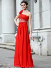 Superior One Shoulder Coral Red Sleeveless Chiffon Zipper Homecoming Dress for Prom and Party