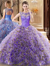 Modest Scoop Sleeveless Fabric With Rolling Flowers Ball Gown Prom Dress Beading Brush Train Lace Up