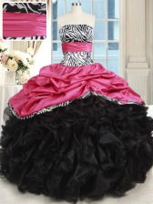 Stunning Floor Length Pink And Black Quince Ball Gowns Organza and Taffeta Sleeveless Beading and Ruffles