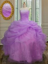 Beauteous Lilac Organza Lace Up Strapless Sleeveless Floor Length 15 Quinceanera Dress Embroidery and Pick Ups