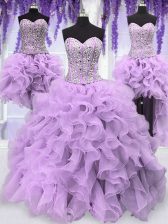 Ideal Four Piece Lavender Quinceanera Dresses Military Ball and Sweet 16 and Quinceanera with Ruffles and Sequins Sweetheart Sleeveless Lace Up