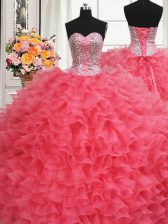  Beaded Bodice Coral Red Lace Up Quince Ball Gowns Beading and Ruffles Sleeveless Floor Length
