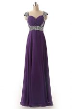 Delicate Purple Cap Sleeves Chiffon Lace Up Prom Dresses for Prom and Party