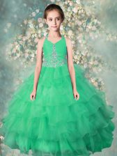 Luxurious Teal Halter Top Zipper Beading and Ruffles Party Dress for Toddlers Sleeveless