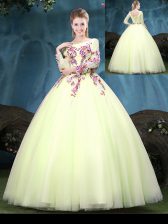 High End Scoop Yellow Green Ball Gowns Appliques Quinceanera Dress Lace Up Tulle Long Sleeves Floor Length