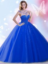  Royal Blue Ball Gowns Tulle High-neck Sleeveless Beading and Sequins Floor Length Zipper Sweet 16 Dresses