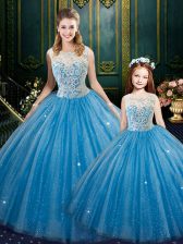  Baby Blue Tulle Lace Up 15th Birthday Dress Sleeveless Floor Length Lace