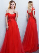  Red Empire Tulle Off The Shoulder Sleeveless Appliques and Ruching With Train Lace Up Dama Dress Brush Train