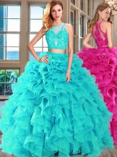  Aqua Blue Lace Up Scoop Appliques and Ruffles Ball Gown Prom Dress Organza Sleeveless