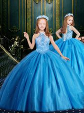  Halter Top Sleeveless Floor Length Beading and Sequins Lace Up Child Pageant Dress with Baby Blue