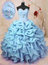 Noble Baby Blue Organza Lace Up Sweetheart Sleeveless Floor Length 15 Quinceanera Dress Beading and Ruffles and Pick Ups