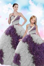 New Style Floor Length Lace Up Quinceanera Gown White And Purple for Military Ball and Sweet 16 and Quinceanera with Beading and Sequins