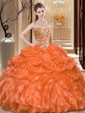Dramatic Orange Ball Gowns Sweetheart Sleeveless Organza Floor Length Lace Up Embroidery and Ruffles 15 Quinceanera Dress