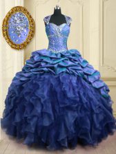 Discount Blue Sweetheart Lace Up Beading and Ruffles and Pick Ups Quinceanera Gowns Brush Train Cap Sleeves