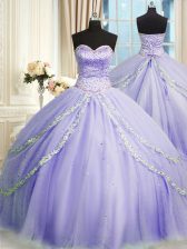  Lavender Lace Up Quinceanera Gowns Beading and Appliques Sleeveless With Train Court Train