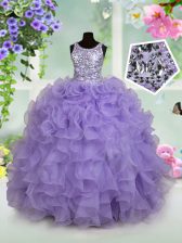 Classical Scoop Lavender Organza Zipper Little Girls Pageant Dress Sleeveless Floor Length Beading and Ruffles