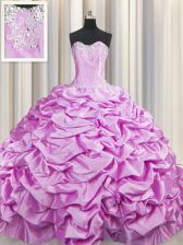 Fitting Lace Up Ball Gown Prom Dress Lilac for Military Ball and Sweet 16 and Quinceanera with Beading and Pick Ups Brush Train