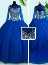 Flare Scoop Long Sleeves Brush Train Lace Up With Train Beading Sweet 16 Quinceanera Dress