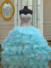  Baby Blue Organza Lace Up Sweet 16 Dresses Sleeveless Floor Length Beading and Ruffles