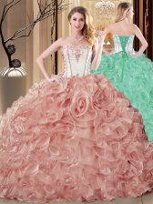 Pink Strapless Lace Up Embroidery and Ruffles Sweet 16 Dress Sleeveless