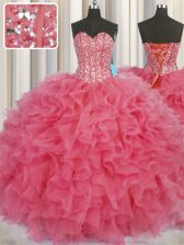 Visible Boning Coral Red Lace Up Sweet 16 Dress Beading and Ruffles Sleeveless Floor Length