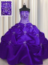 Popular Embroidery Strapless Sleeveless Lace Up Quinceanera Gowns Purple Taffeta