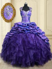 Latest Purple Sweet 16 Dresses Military Ball and Sweet 16 and Quinceanera with Beading and Ruffles and Pick Ups Straps Cap Sleeves Brush Train Lace Up