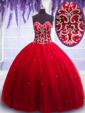 Custom Design Sweetheart Sleeveless Ball Gown Prom Dress Floor Length Beading Red Tulle
