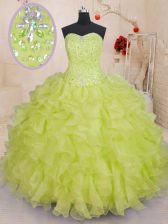 Spectacular Yellow Green Ball Gowns Beading and Ruffles Vestidos de Quinceanera Lace Up Organza Sleeveless Floor Length