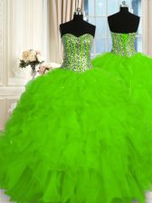 Decent Sleeveless Organza Floor Length Lace Up Sweet 16 Dress in with Beading and Ruffles