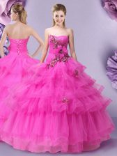 Sexy Hot Pink Sweetheart Lace Up Appliques and Ruffled Layers and Hand Made Flower Sweet 16 Dress Sleeveless