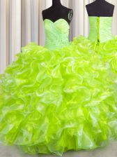 Dazzling Yellow Green Ball Gowns Organza Sweetheart Sleeveless Beading and Ruffles Floor Length Lace Up Ball Gown Prom Dress