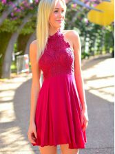 Excellent Halter Top Mini Length A-line Sleeveless Hot Pink Prom Party Dress Zipper