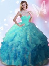 Graceful Ball Gowns 15th Birthday Dress Multi-color High-neck Tulle Sleeveless Floor Length Zipper
