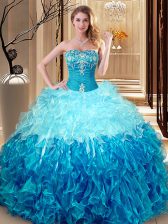 Custom Designed Multi-color Organza Lace Up 15th Birthday Dress Sleeveless Floor Length Embroidery and Ruffles