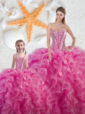 Flare Hot Pink Sleeveless Organza Lace Up Quinceanera Gown for Military Ball and Sweet 16 and Quinceanera