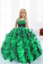 Classical Green Lace Up Straps Beading and Ruffles Party Dress for Girls Organza Sleeveless