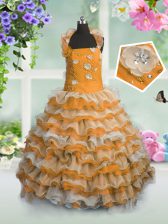 High Class Floor Length Orange Child Pageant Dress Organza Sleeveless Beading and Appliques and Ruffled Layers