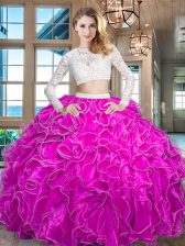  Scoop Fuchsia Long Sleeves Floor Length Beading and Lace and Ruffles Zipper Quince Ball Gowns