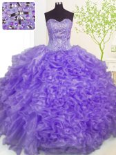  Lavender Lace Up Sweetheart Beading and Ruffles and Pick Ups Quinceanera Gown Organza Sleeveless
