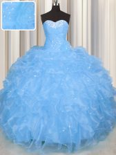Charming Baby Blue Ball Gowns Sweetheart Sleeveless Organza Floor Length Lace Up Beading and Ruffles Ball Gown Prom Dress