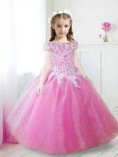 Modest Off the Shoulder Tulle Cap Sleeves Floor Length Flower Girl Dresses and Beading and Appliques